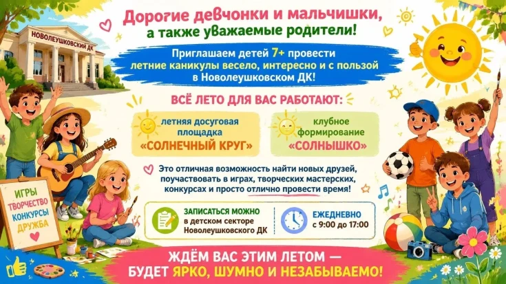Приглашаем детей 7+ провести летние каникулы весело, интересно и с пользой в Новолеушковском ДК! 1